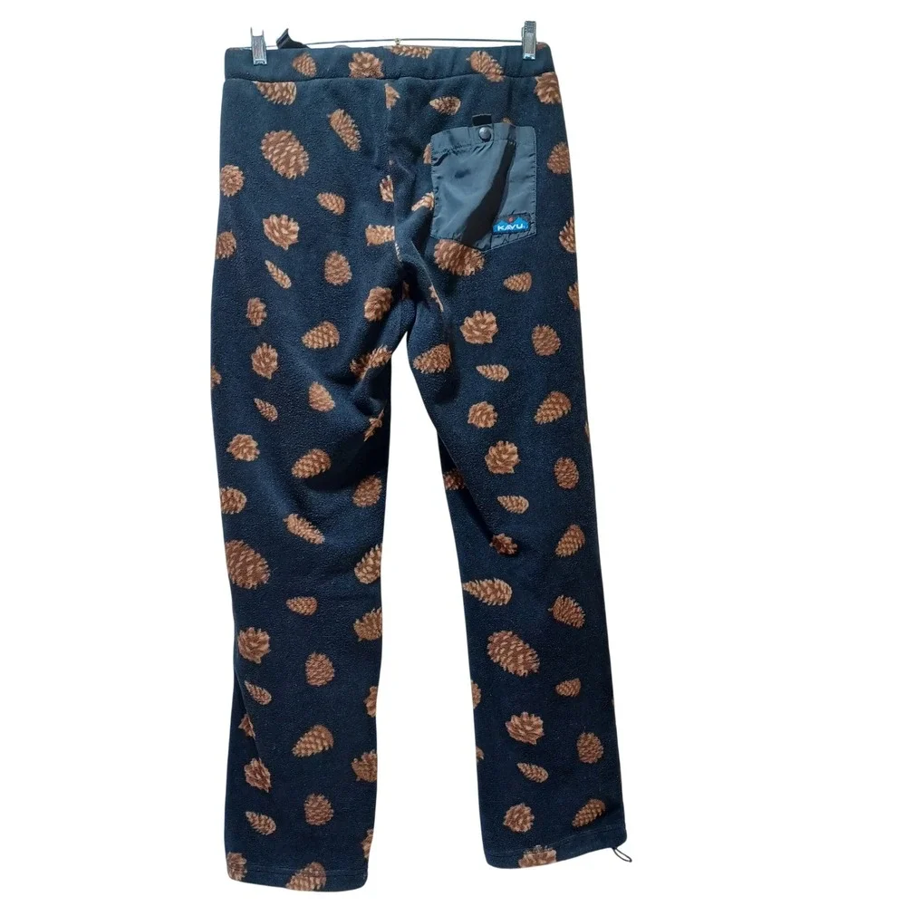 KAVU Mens Teannastay Fleece Pants M Black Pine Cones Gorpcore Outdoor Cabincore
